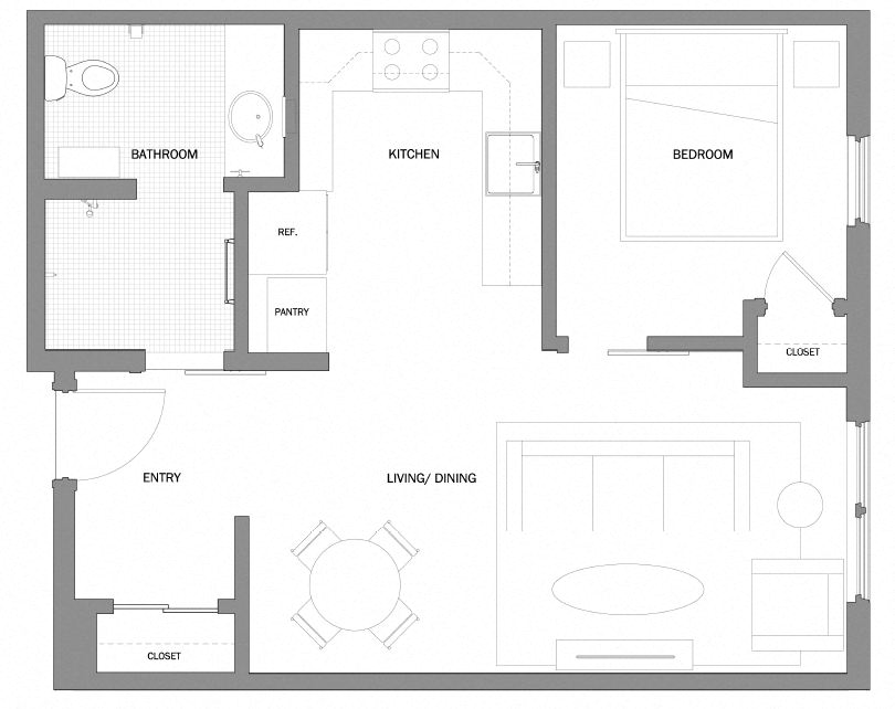 Floor plan for 1 bed, 1 bath, 554 sqft